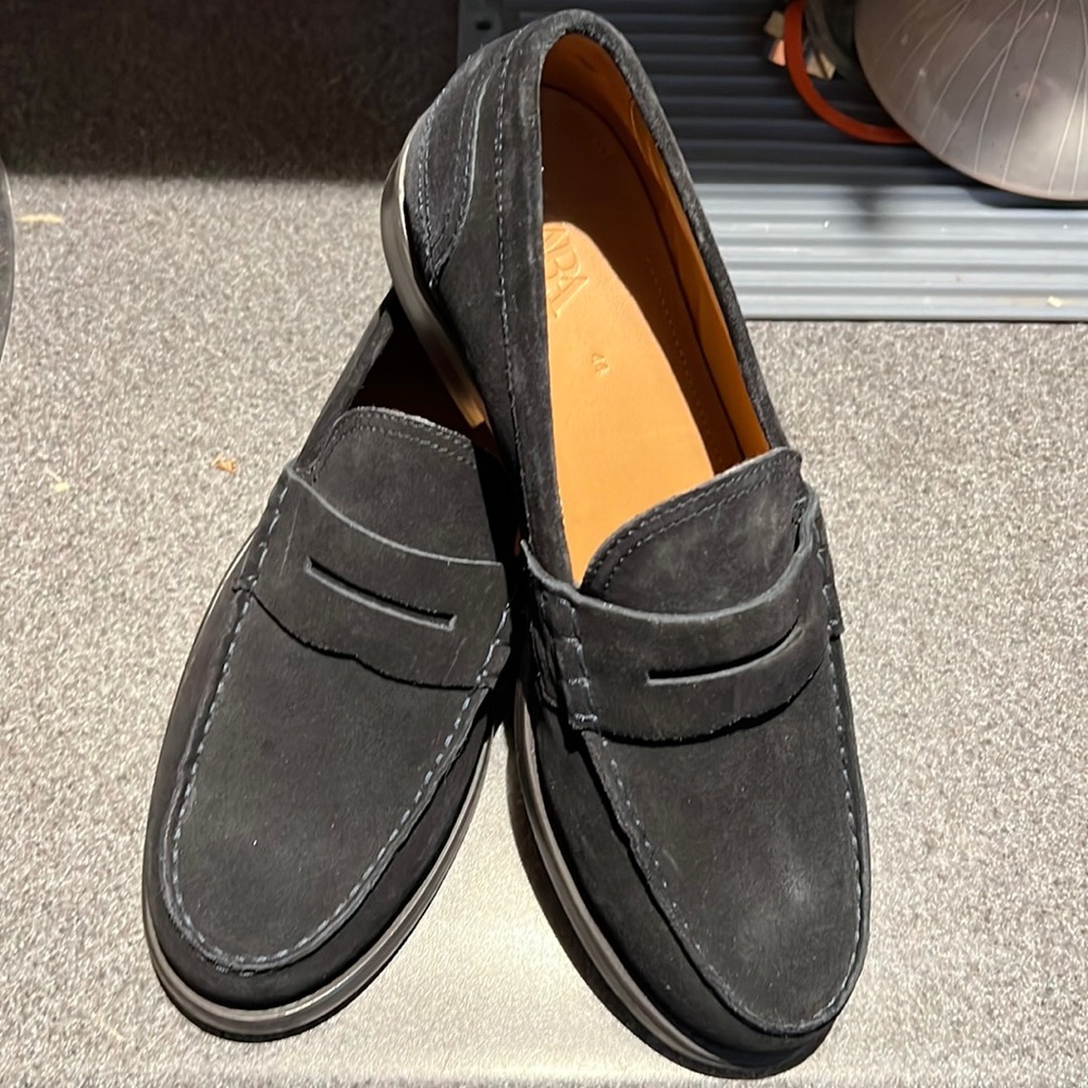 Zara Navy Blue Faux Suede Penny Loafers (44)